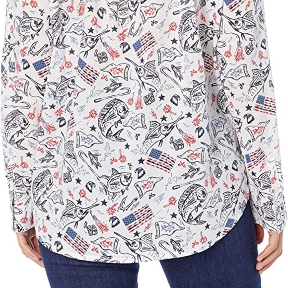 🆕Columbia Women's Slack Water Woven LS Shirt, White Americana Fishing Print,NWT - Picture 6 of 7